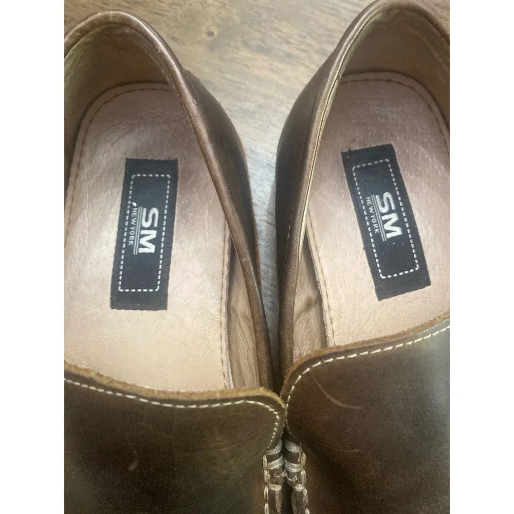 SM New York Mens Brown Leather Loafers Driver Shoes Square Toe Slip On Sz 10.5